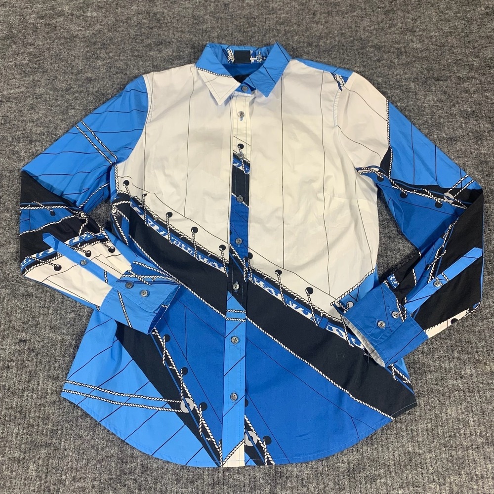 J Crew Top Womens 2 Blue Slim Button Up Shirt Nautical AOP Luxury Coastal Preppy